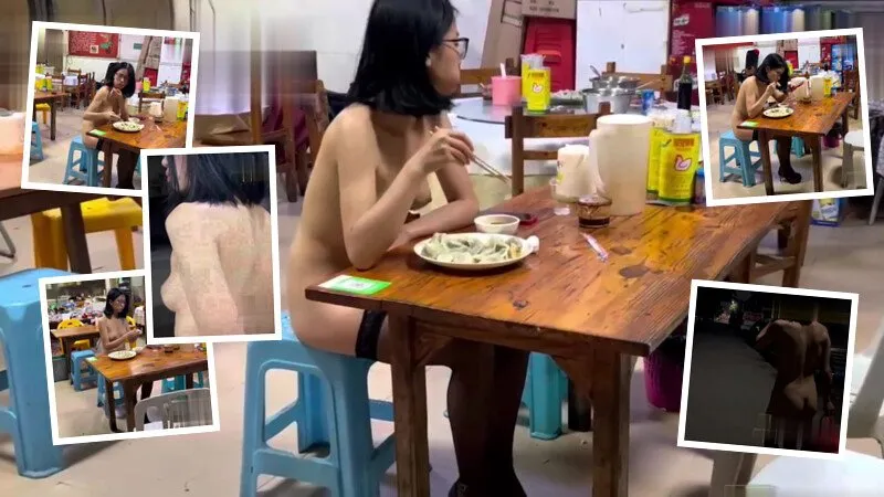 天花板露出狂人【cikaimoon】首次露脸，苍蝇馆里全裸吃饺子，给老板和老板娘都看懵逼了